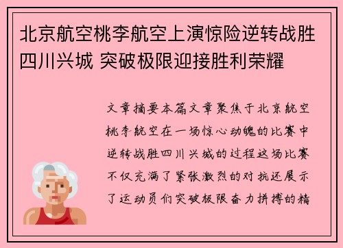 北京航空桃李航空上演惊险逆转战胜四川兴城 突破极限迎接胜利荣耀